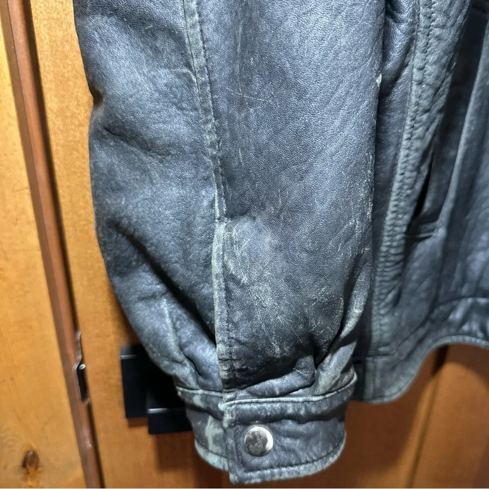 Vintage Black‎ Leather Bomber Jacket Mens XL Distressed Worn Grunge Repair